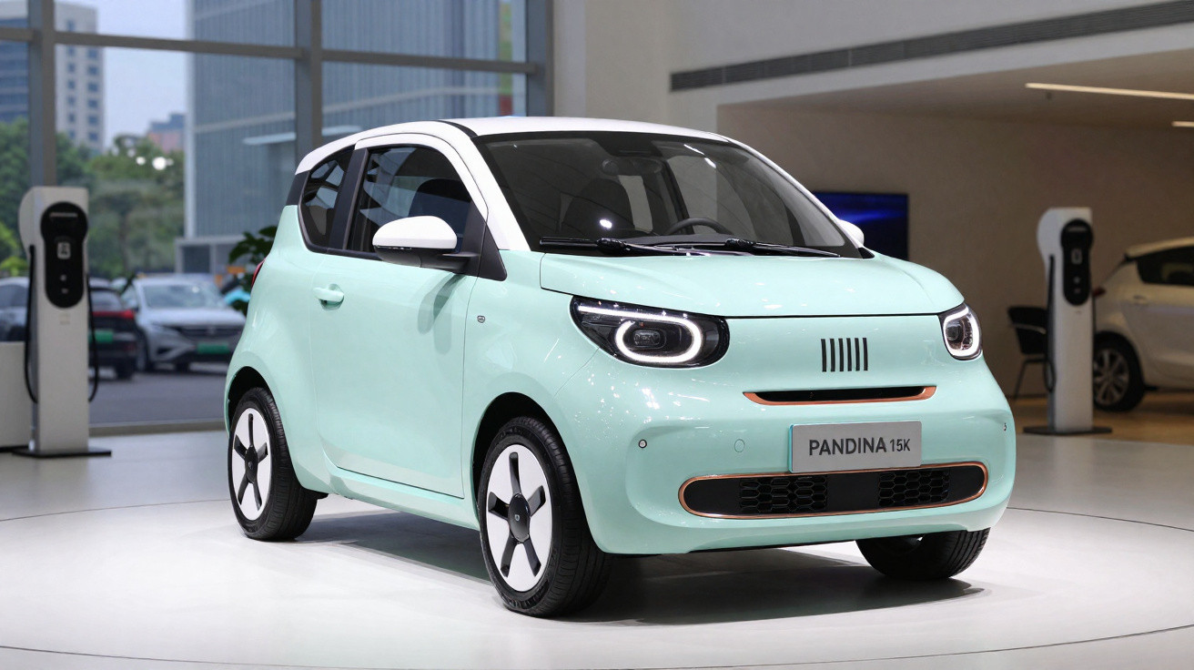 Carro elétrico compacto verde água com detalhe branco, em exibição numa sala moderna iluminada.