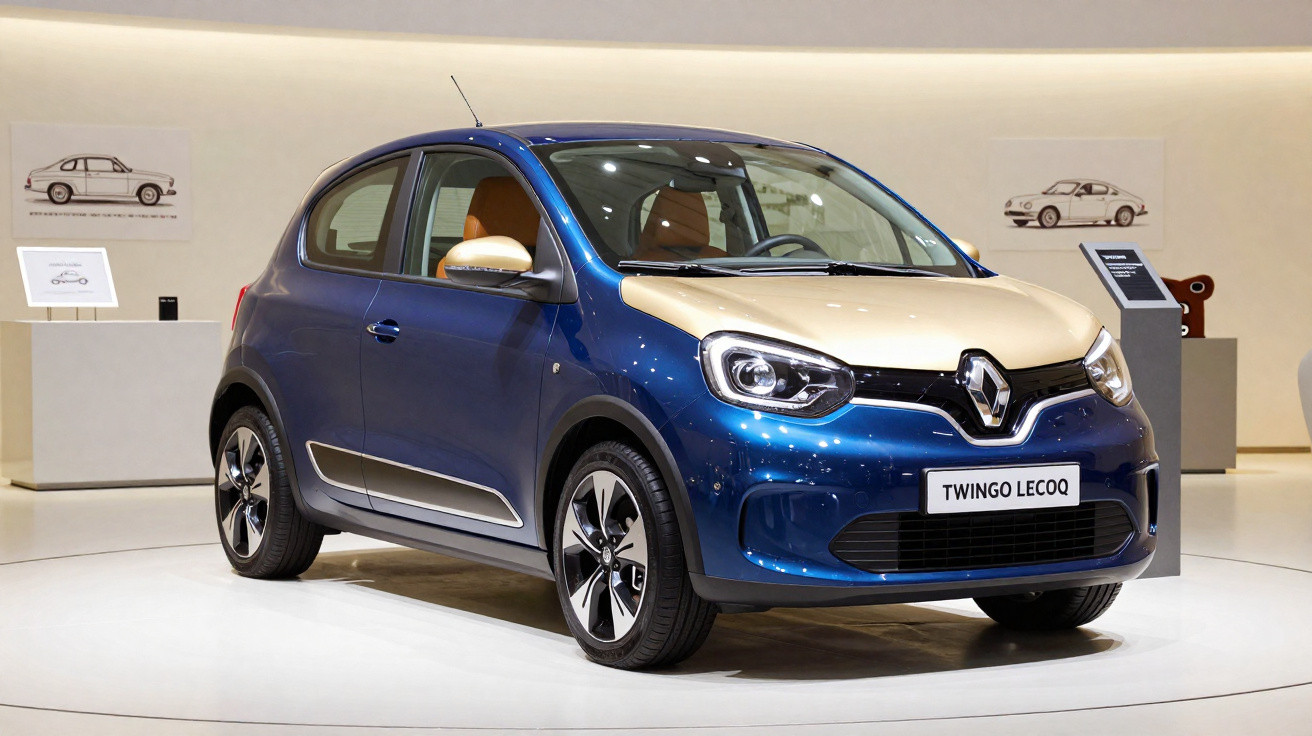 Renault Twingo Lecoq azul com detalhes bege exposto em salão automóvel.