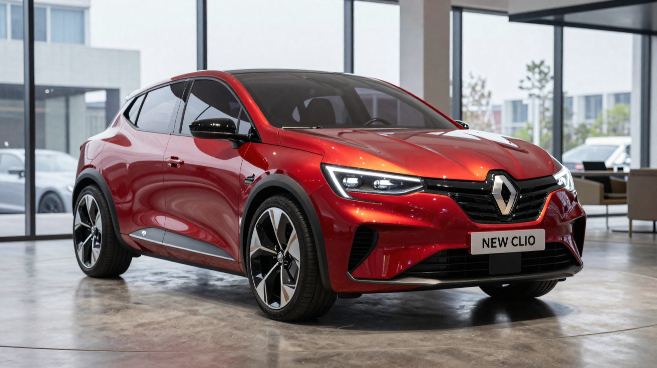 Automóvel Renault New Clio vermelho exibido numa sala com grandes janelas e piso em betão polido.