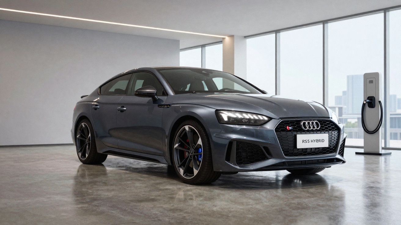Carro híbrido Audi RS5 cinza estacionado em garagem moderna com carregador elétrico junto à parede.