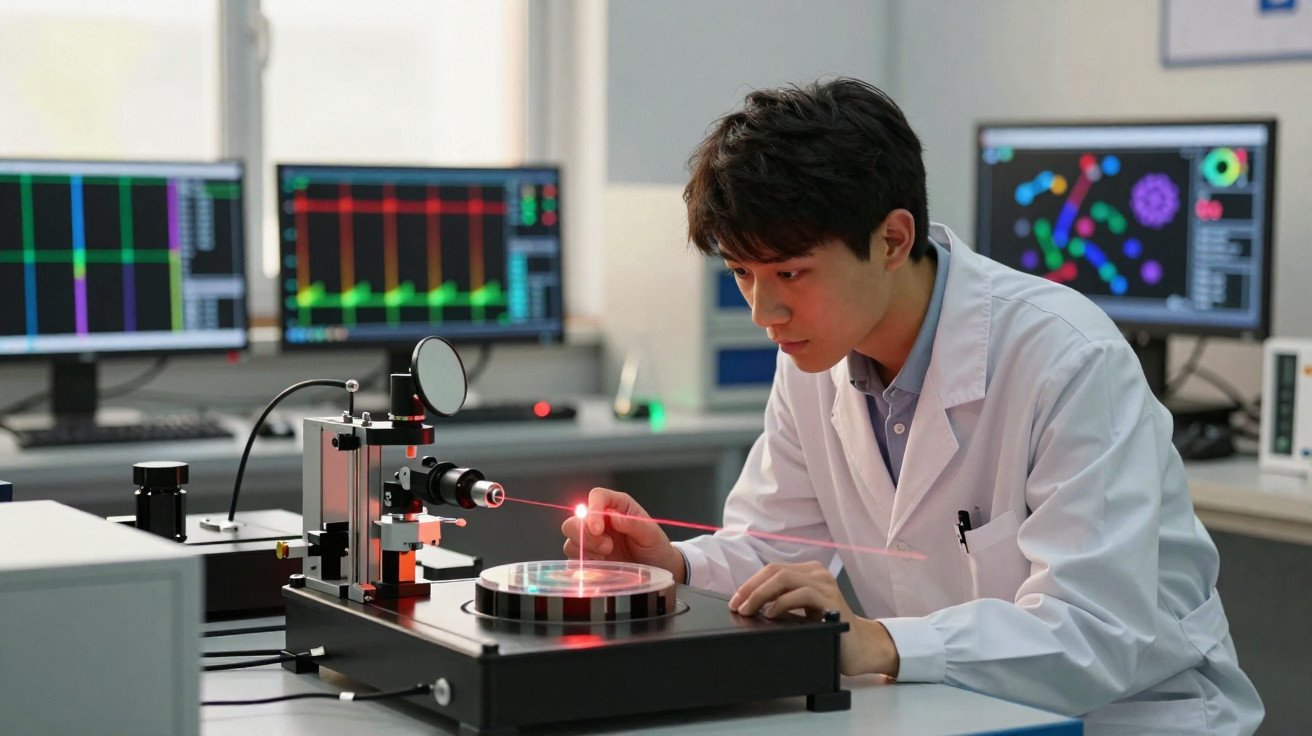 Cientista com bata branca a operar equipamento laser para experimento em laboratório de alta tecnologia.