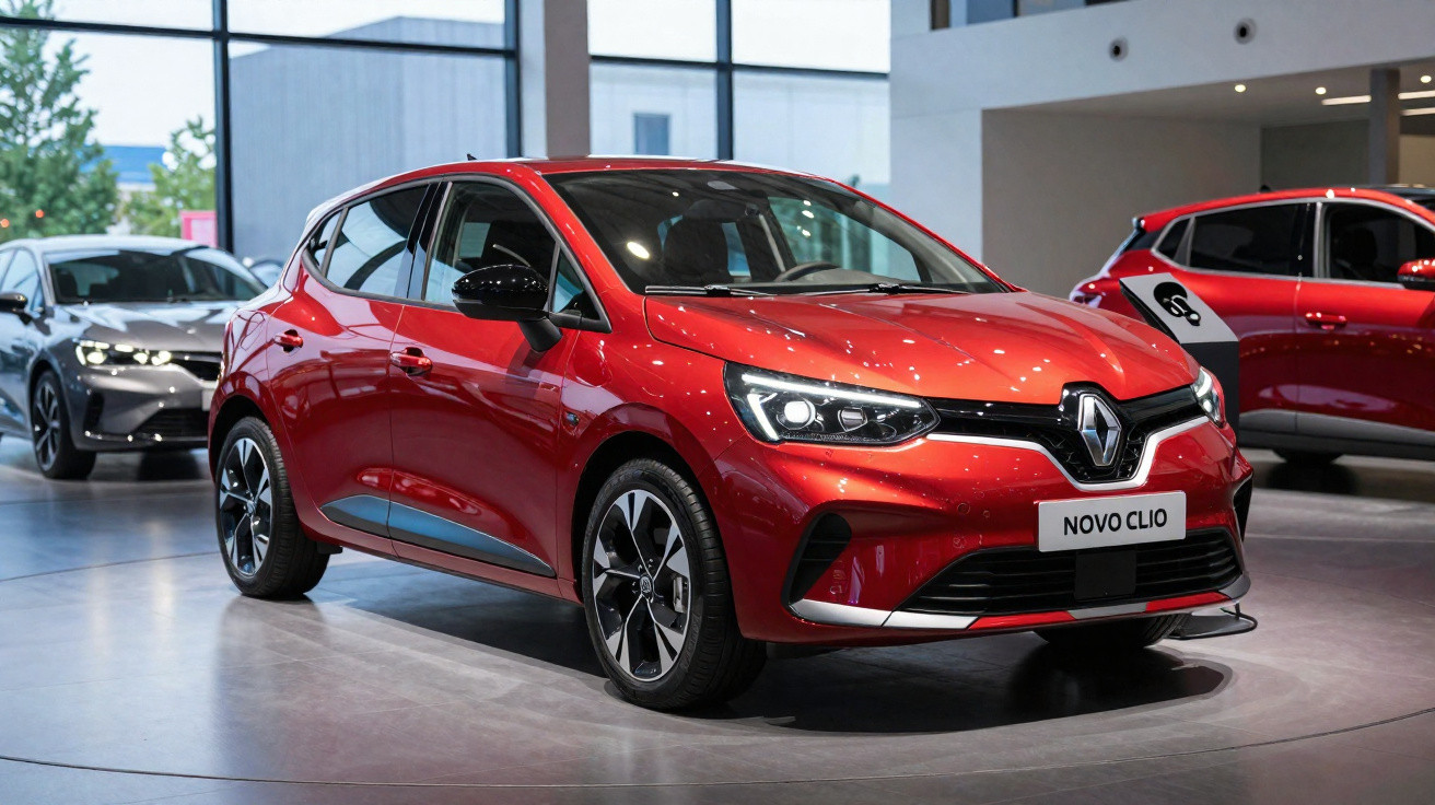 Carro vermelho Renault Novo Clio exibido em showroom moderno com outros carros ao fundo.