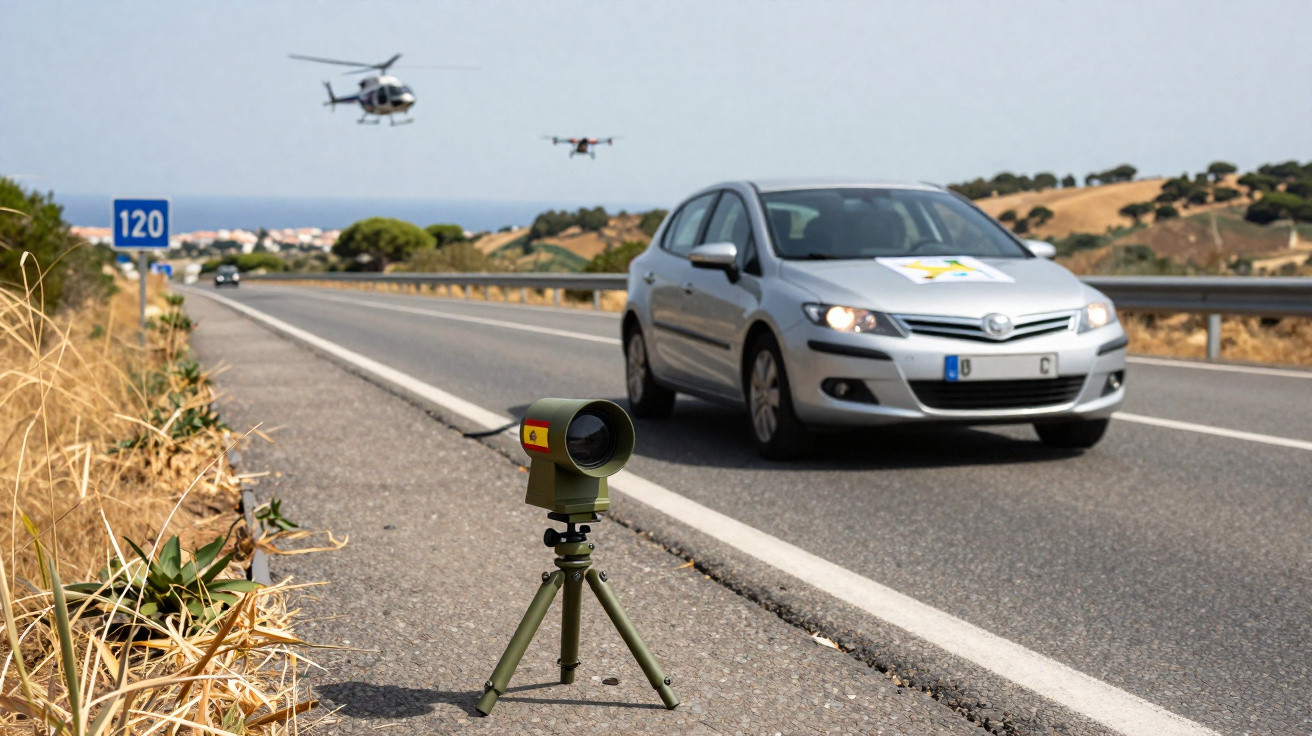 Dispositivo de controlo de velocidade numa estrada com carro, helicóptero e drone visíveis em plano de fundo.