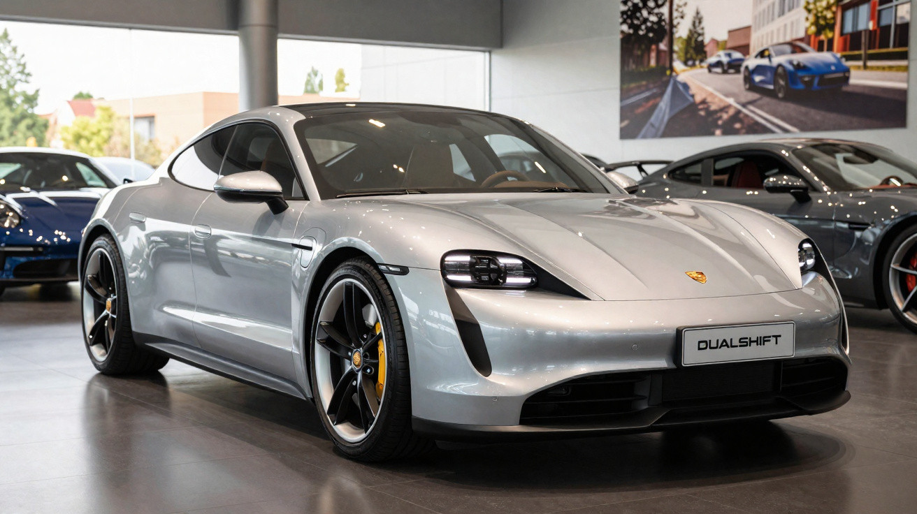 Carro desportivo prateado Porsche Taycan exposto em showroom com piso cinzento e várias jantes negras.