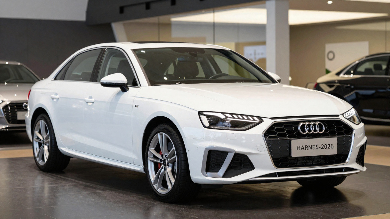 Automóvel Audi branco modelo HARNES-2026 exposto em salão de veículos modernos.