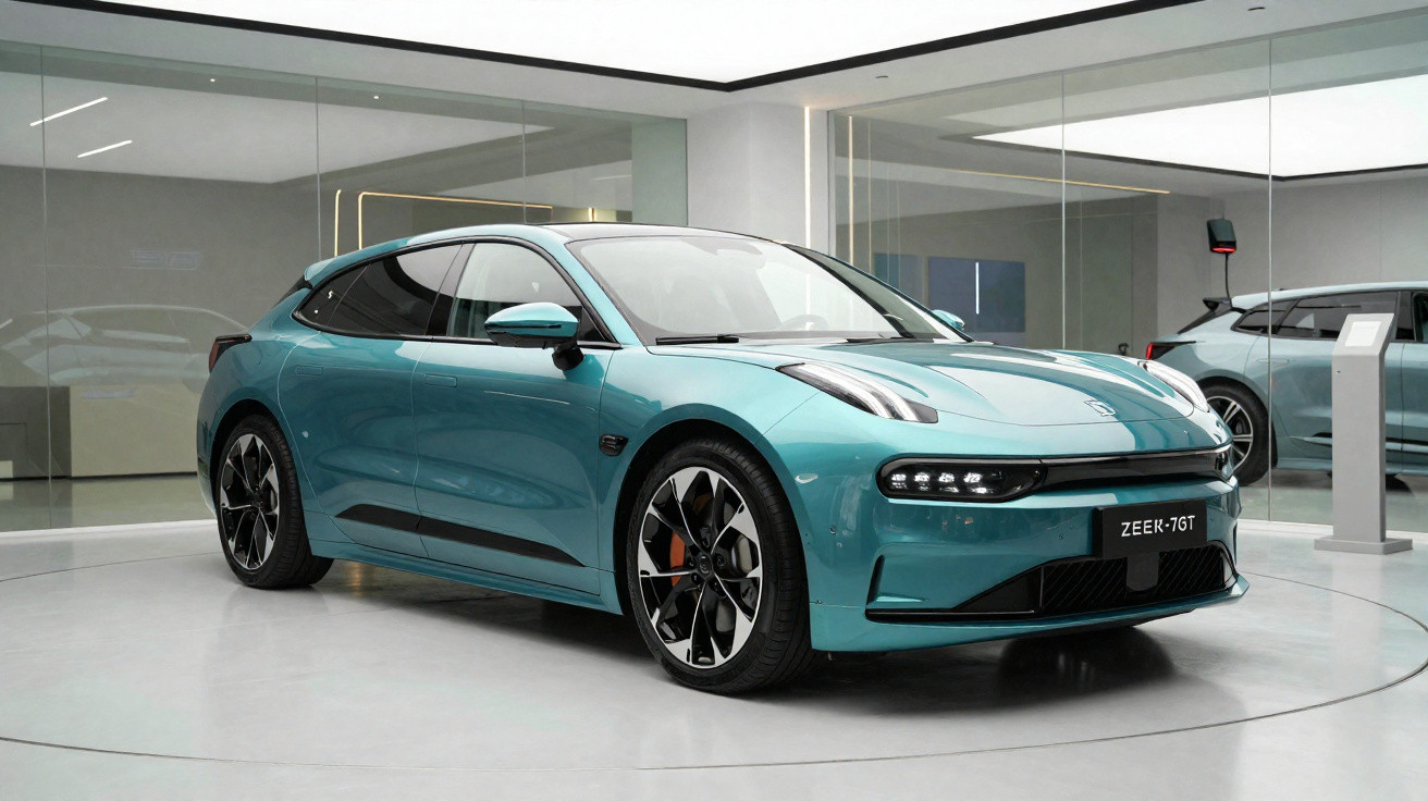 Carro eléctrico azul metálico ZEEK-7GT estacionado em showroom moderno e minimalista.