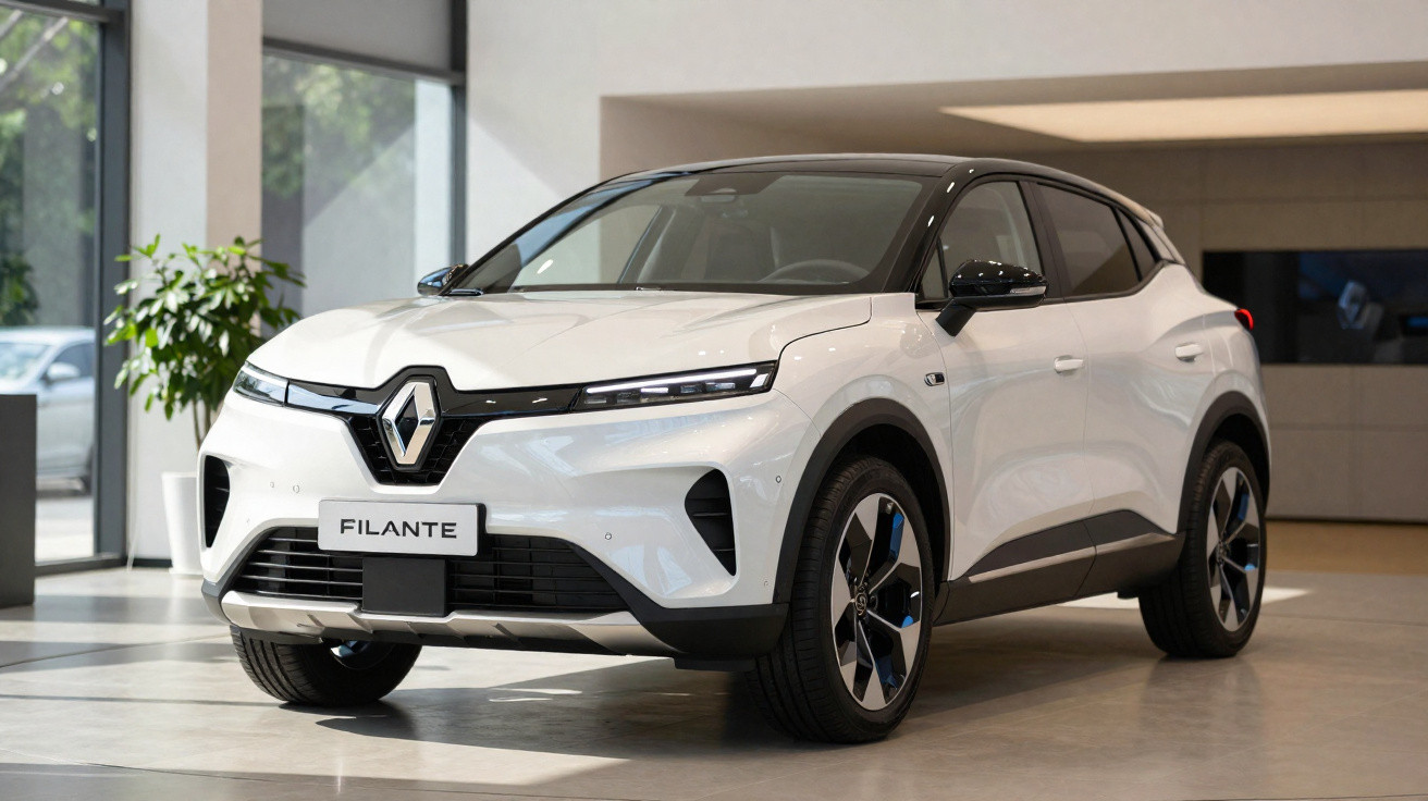 Renault Filante branco estacionado em espaço interior moderno com luz natural.