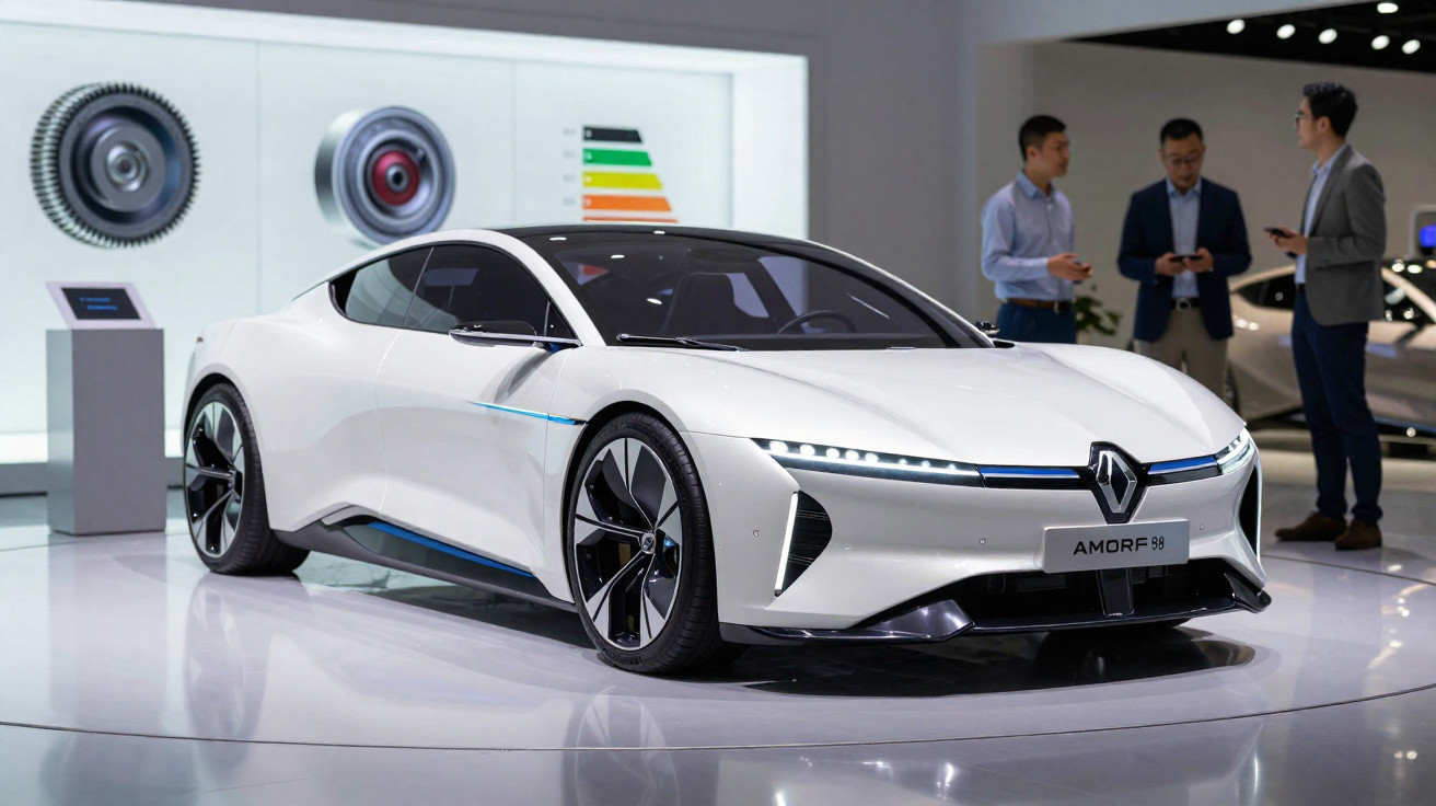 Carro elétrico desportivo branco Renault Amorf em exposição com três homens ao fundo.