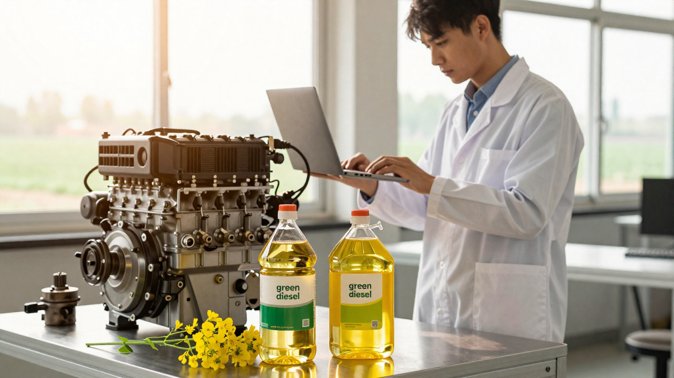 Cientista com bata branca analisa motores e garrafas de diesel verde numa bancada de laboratório.