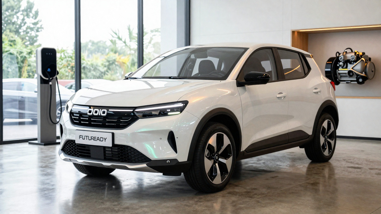 Carro elétrico branco modelo Futuready estacionado em ambiente interior com posto de carregamento elétrico.