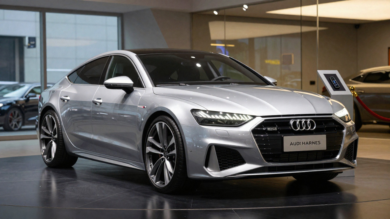 Carro desportivo Audi prateado com design moderno exposto numa sala de showroom.