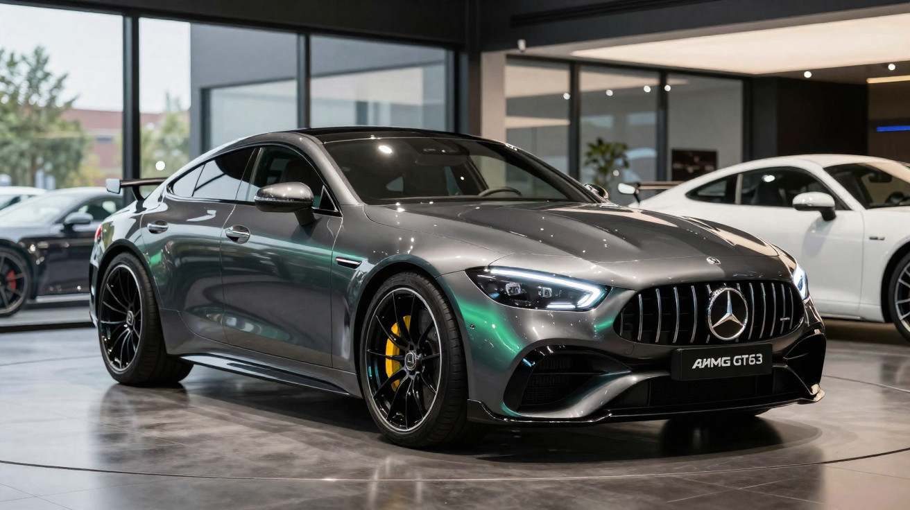 Carro desportivo Mercedes AMG GT63 cinza estacionado numa garagem moderna com iluminação interior.