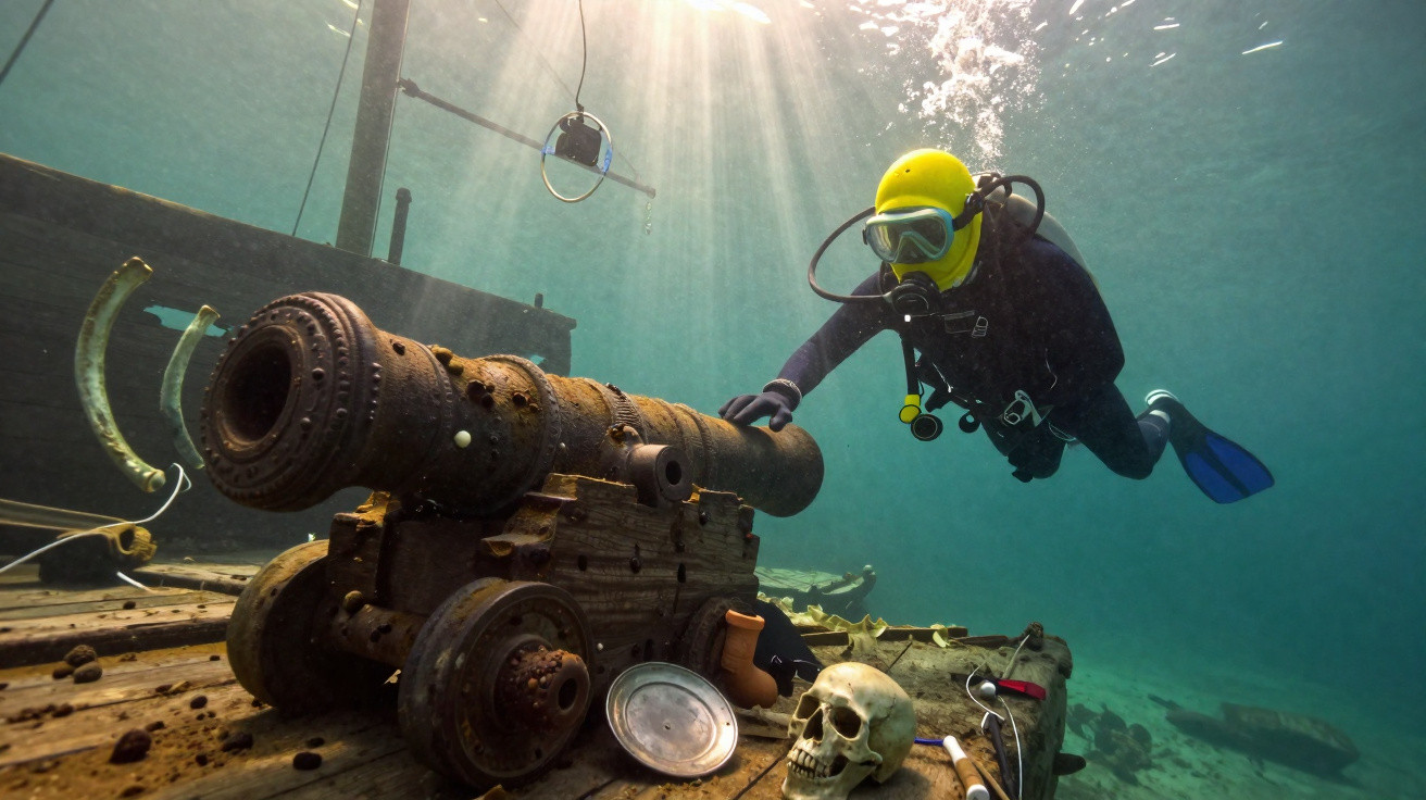 Mergulhador com equipamento completo explora canhão antigo e crânio humano submersos no fundo do mar.
