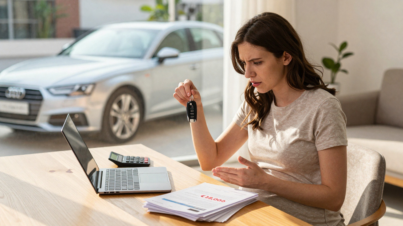 Mulher preocupada a calcular despesas com carro novo, segurando chave junto a documentos e computador.
