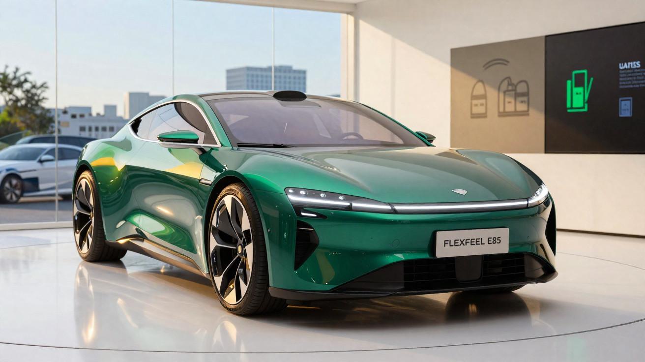 Carro desportivo elétrico verde com design aerodinâmico exposto numa sala moderna e iluminada.