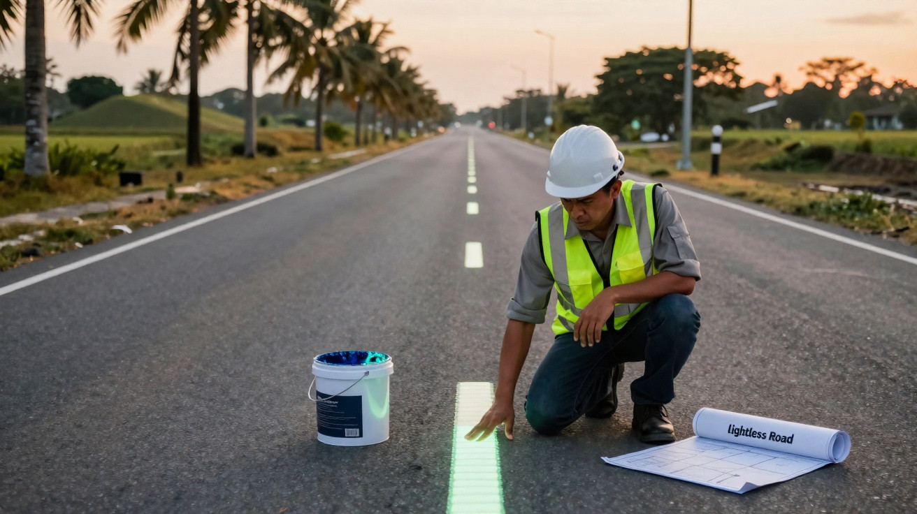 Homem de colete e capacete a pintar linhas refletoras verdes numa estrada ao entardecer.