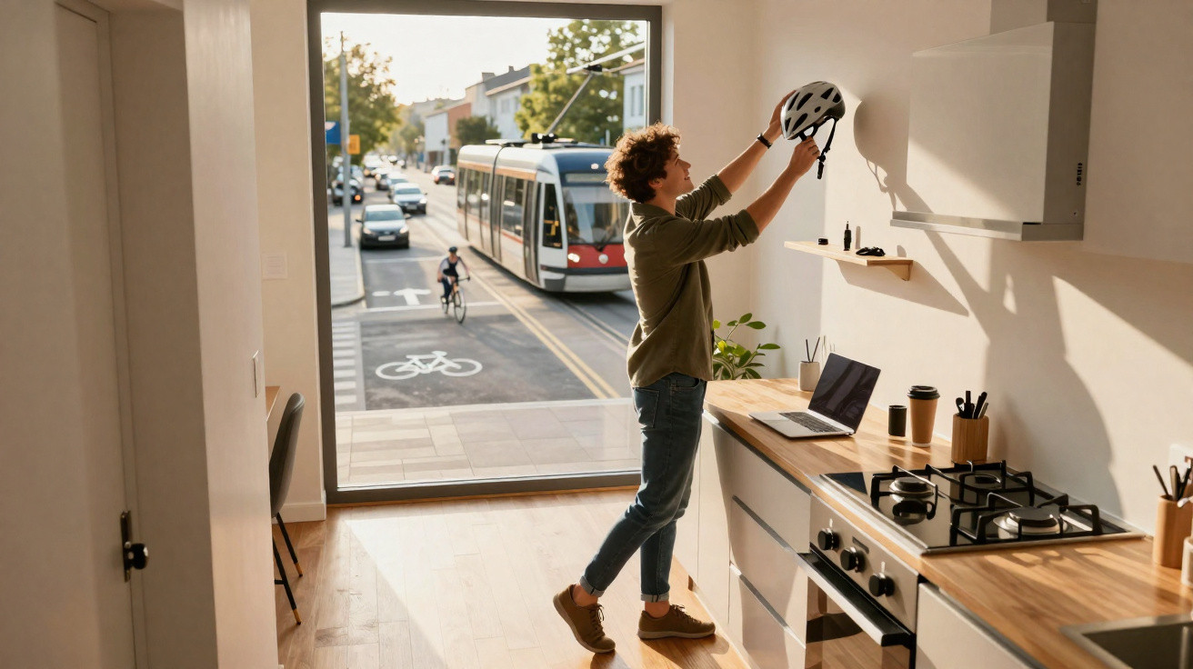 Pessoa a colocar capacete numa cozinha moderna com vista para rua com elétrico e ciclista.