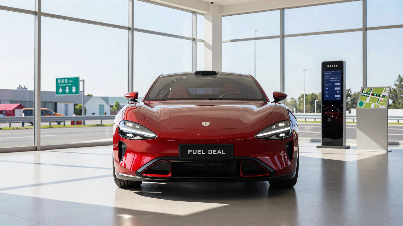 Carro desportivo vermelho em exposição numa sala com grandes janelas de vidro e chão claro.
