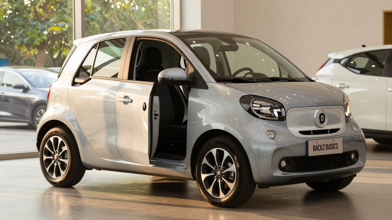 Carro elétrico compacto prateado com porta dianteira esquerda aberta em showroom iluminado.