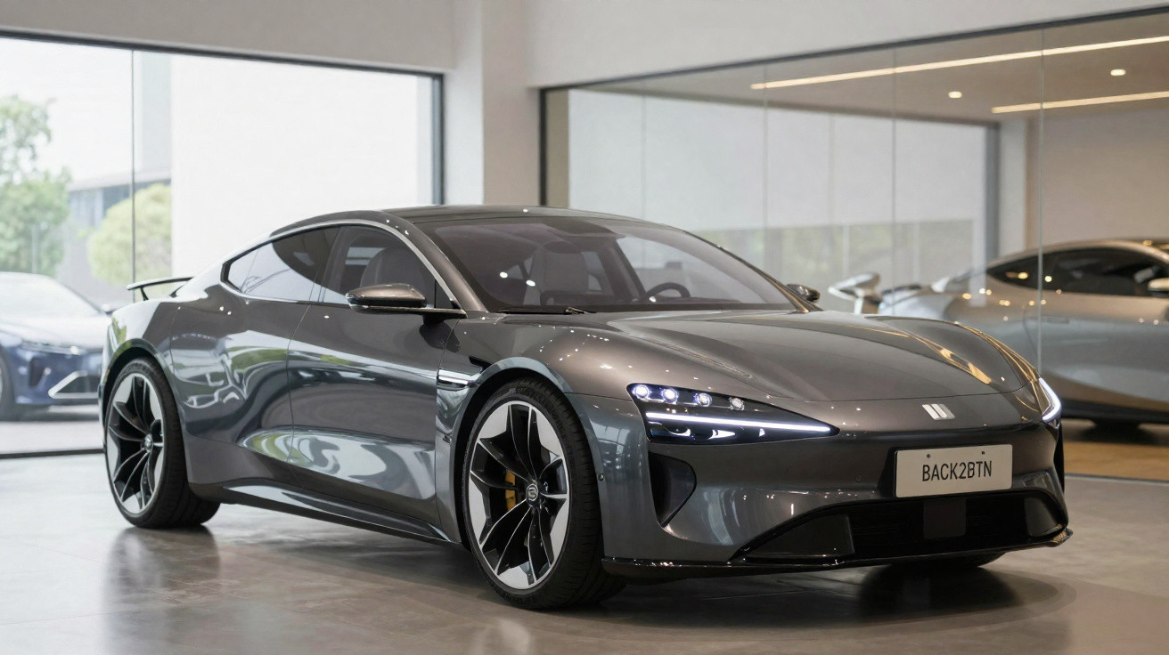 Carro desportivo elétrico cinza prateado estacionado numa sala de exposição moderna com iluminação natural.
