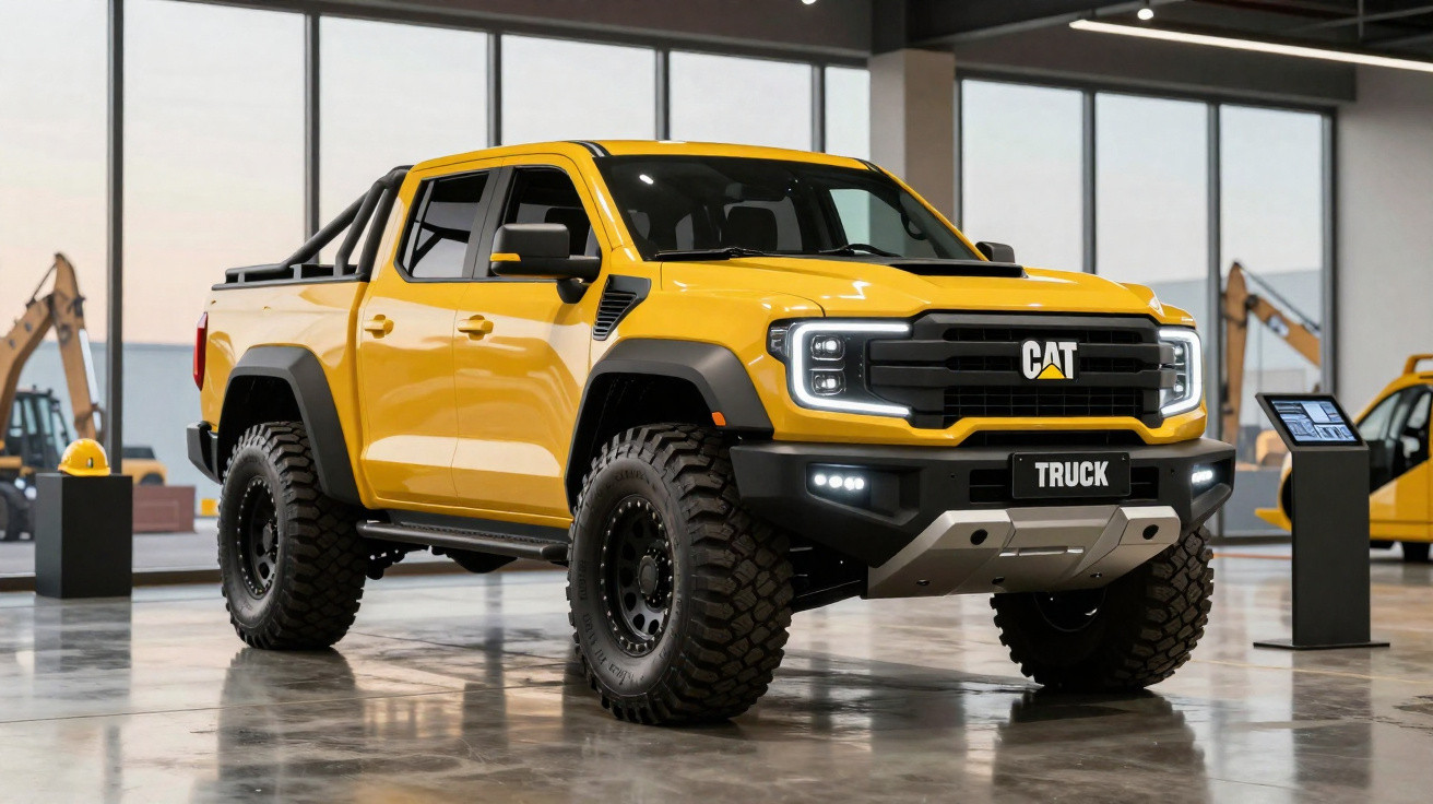 Camião pick-up amarelo CAT com pneus grandes exibido numa sala de exposição moderna.