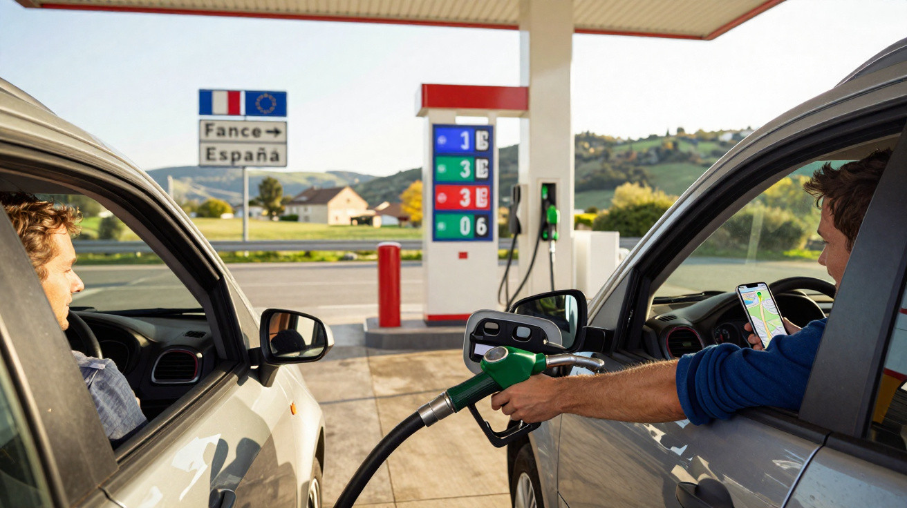 Posto de abastecimento onde um homem abastece o carro e outro espera na fila, com sinalização para França e Espanha ao fundo.