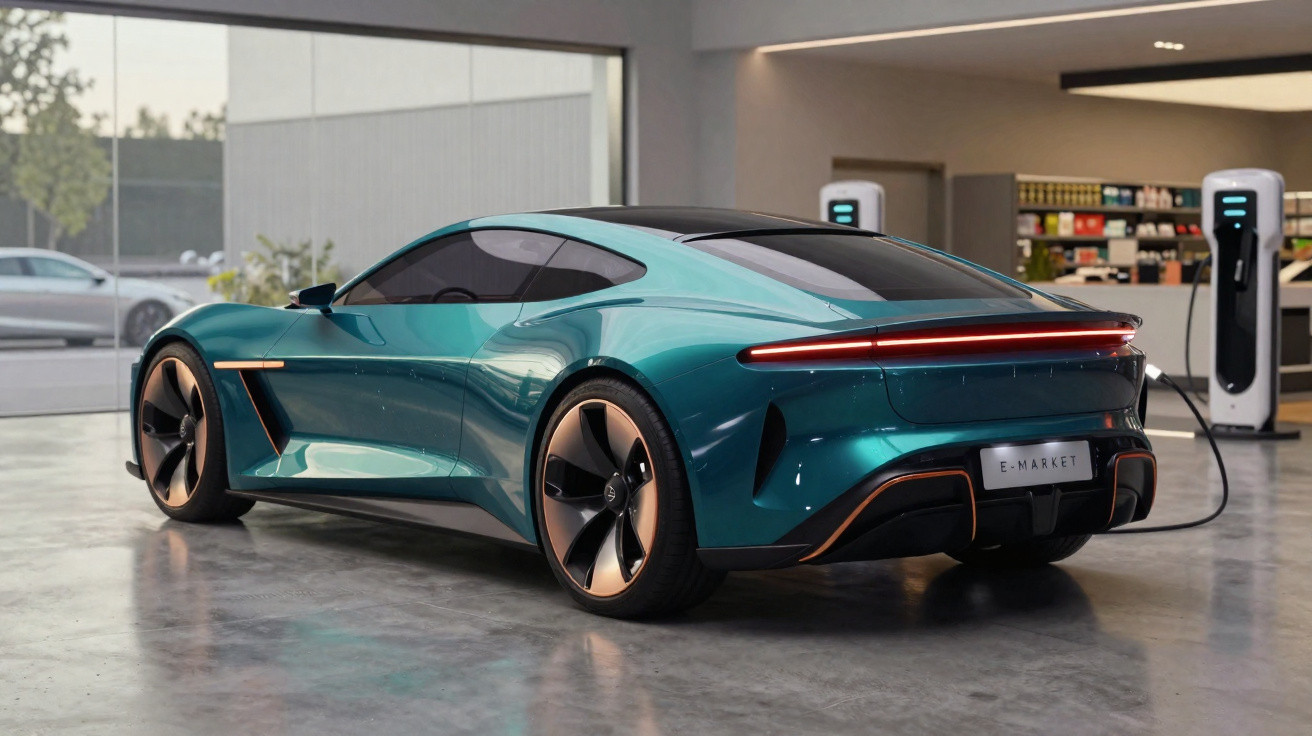 Carro desportivo elétrico azul em carregamento numa estação moderna dentro de um edifício.