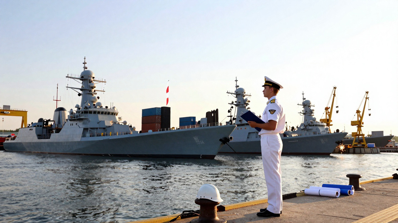 Militar naval em uniforme branco observa navios militares atracados num porto industrial ao pôr do sol.