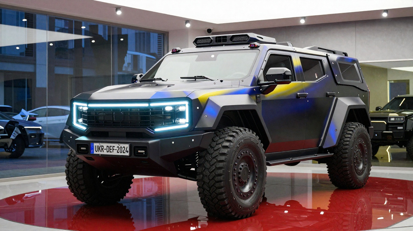 Veículo militar blindado cinzento com luzes LED na frente estacionado em exposição interior.
