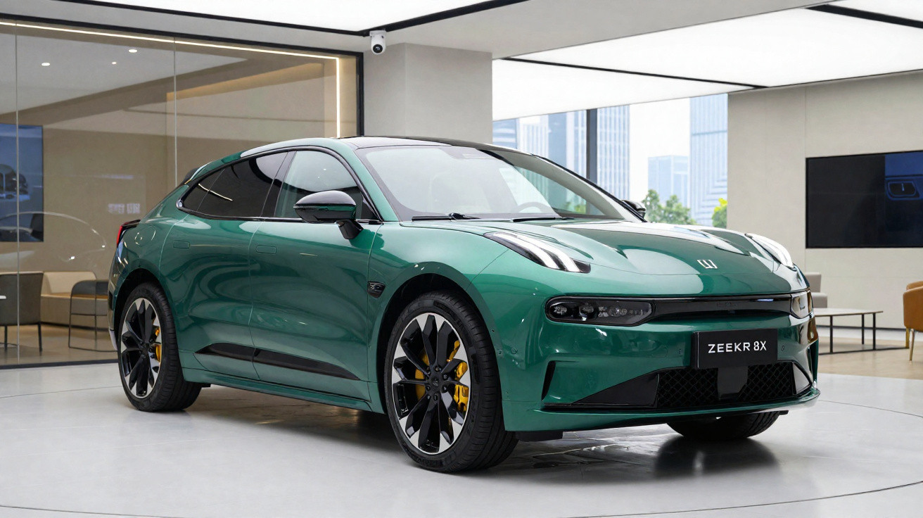 Carro elétrico desportivo verde Zeekr 9X exibido num showroom moderno com chão branco e janelas grandes.