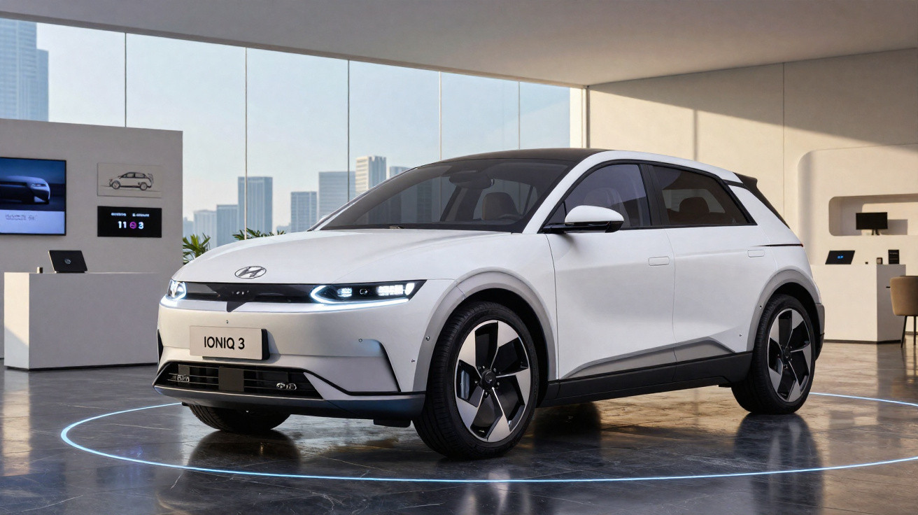 Carro elétrico branco Hyundai Ioniq 3 apresentado numa exposição moderna com janelas amplas e vista urbana.