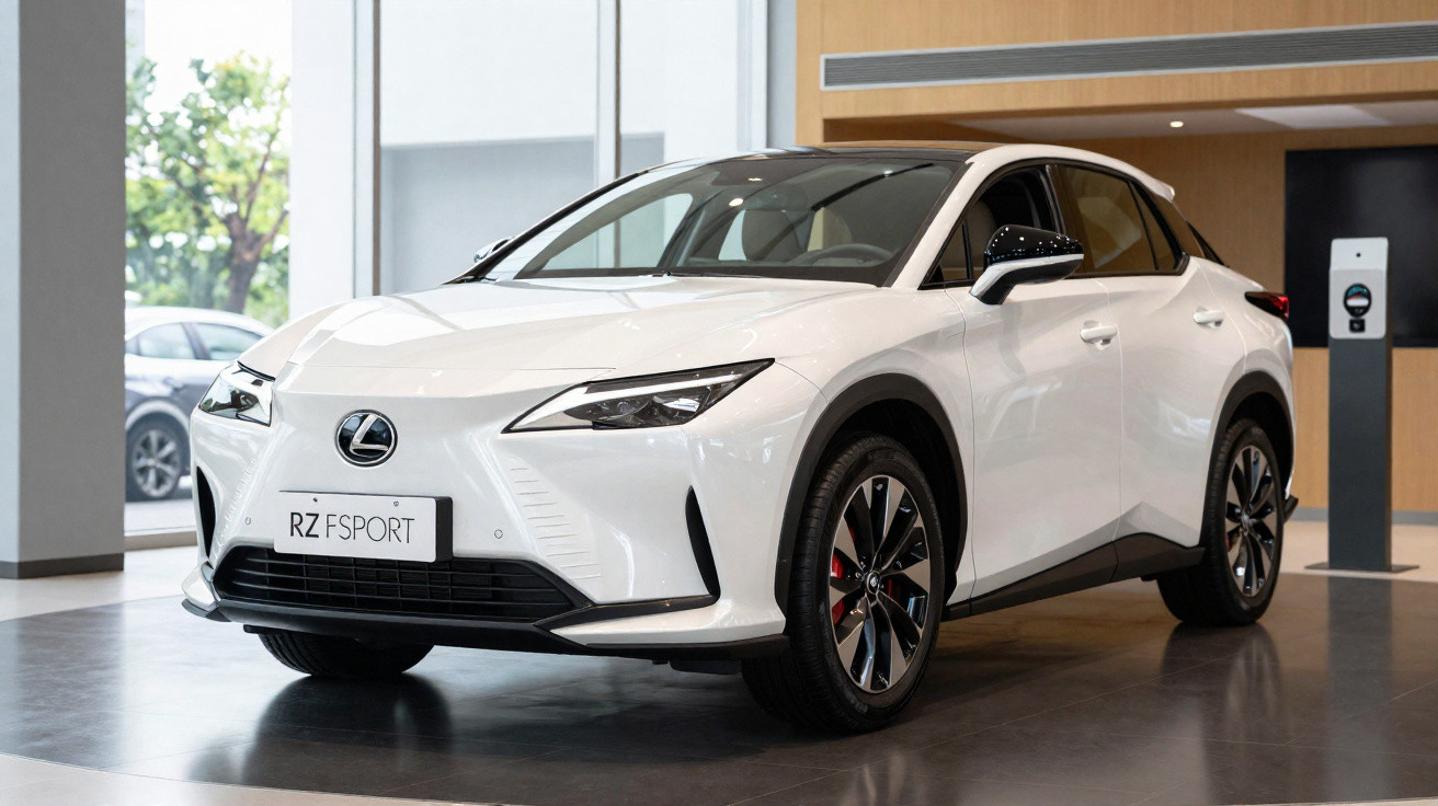 Carro elétrico Lexus RZ F Sport branco estacionado em showroom moderno.