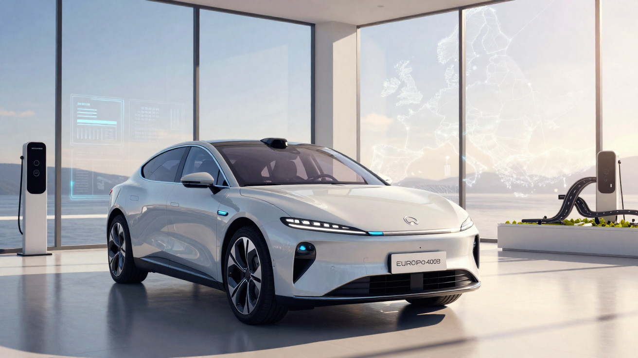Carro elétrico cinza estacionado num espaço moderno com grandes janelas e postos de carregamento.