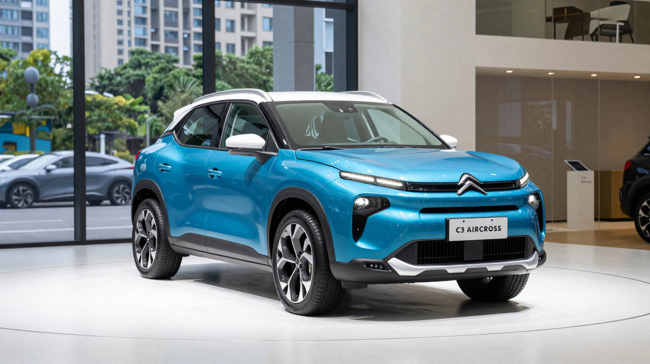 Carro Citroën C3 Aircross azul exposto em showroom moderno com janelas grandes e vista urbana.