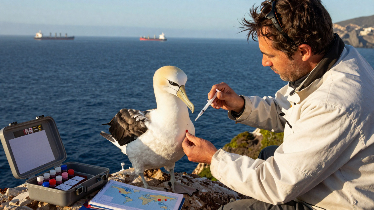 Homem a recolher amostra de sangue de albatroz numa zona costeira com mar ao fundo e navios no horizonte.