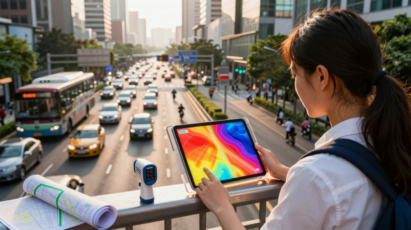 Mulher jovem com mochila usa tablet na rua movimentada, com mapas e termómetro ao lado.