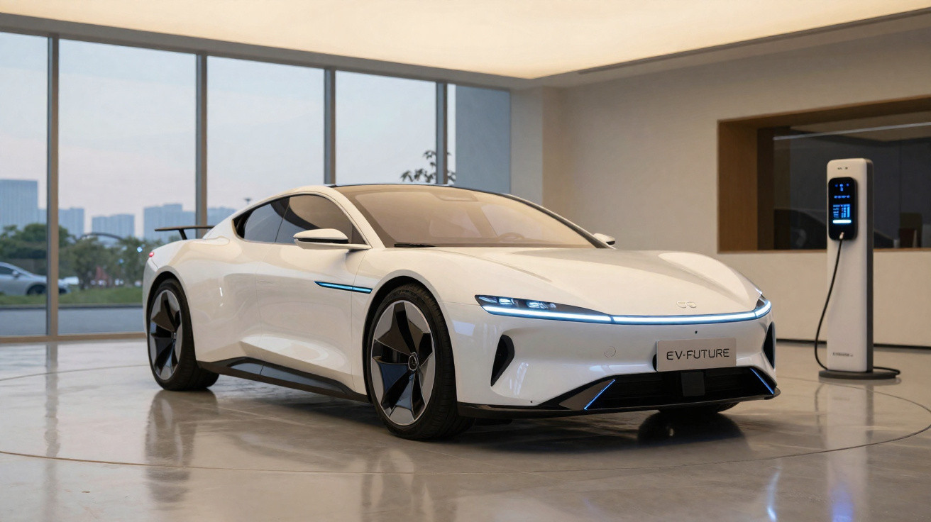 Carro elétrico desportivo branco estacionado em interior moderno junto a posto de carregamento.