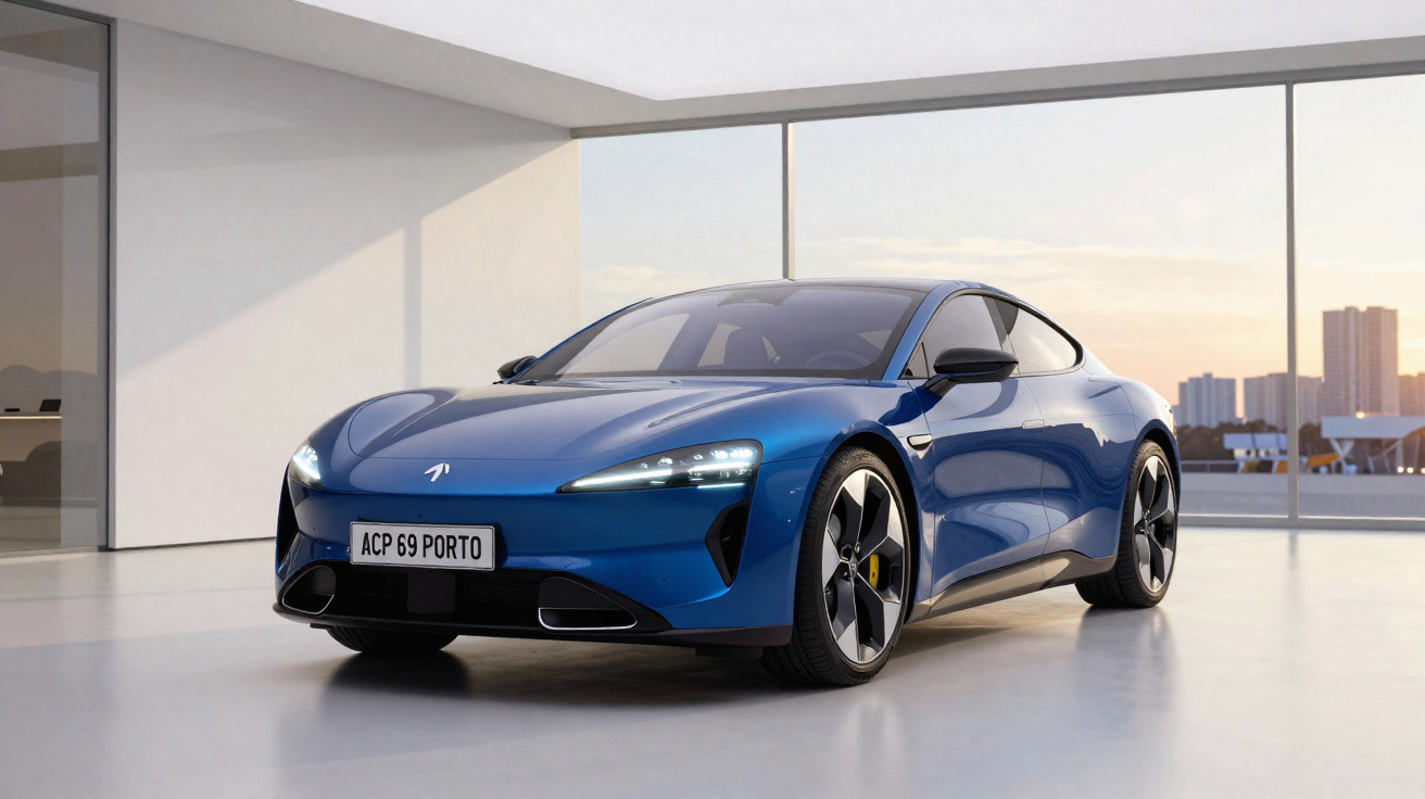Carro desportivo azul com matrícula ACP 69 PORTO, estacionado num espaço interior moderno e luminoso.