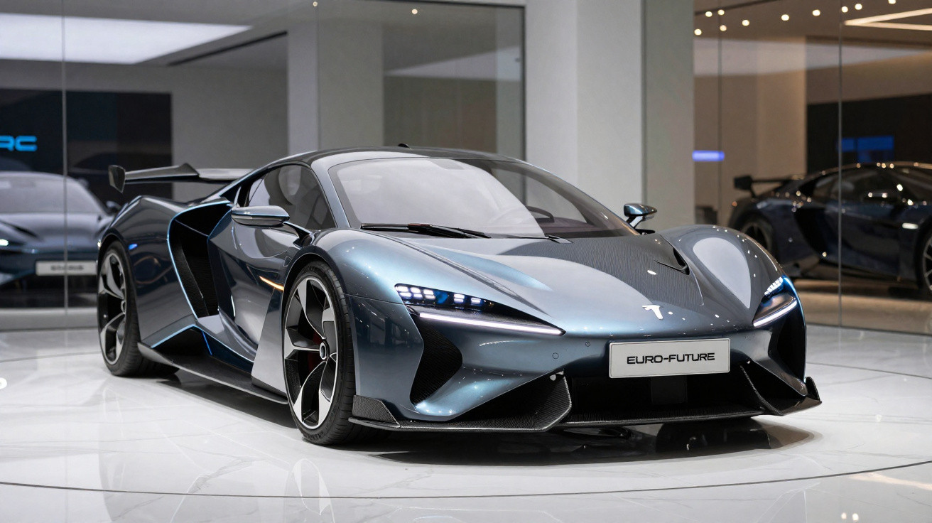 Carro desportivo elétrico azul metálico Euro-Future em exposição num salão moderno.