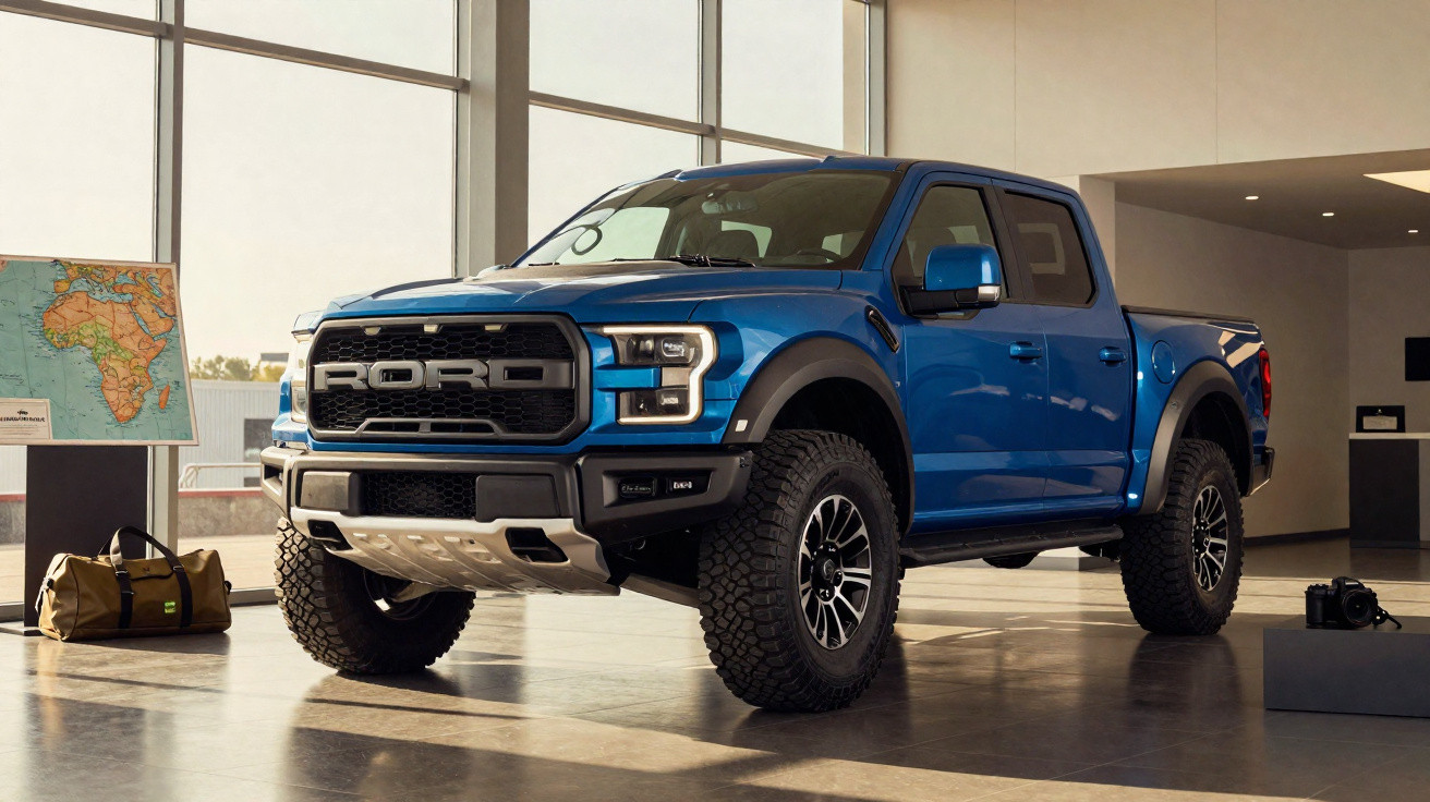 Caminhão azul Ford Raptor em ambiente interior com luz natural e objetos como mapa, mochila e câmera ao redor.
