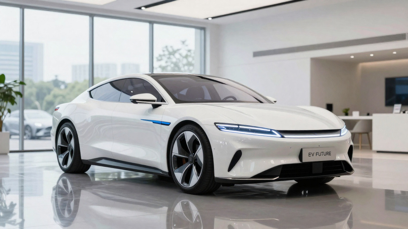 Carro elétrico branco futurista estacionado em showroom moderno com grandes janelas de vidro.
