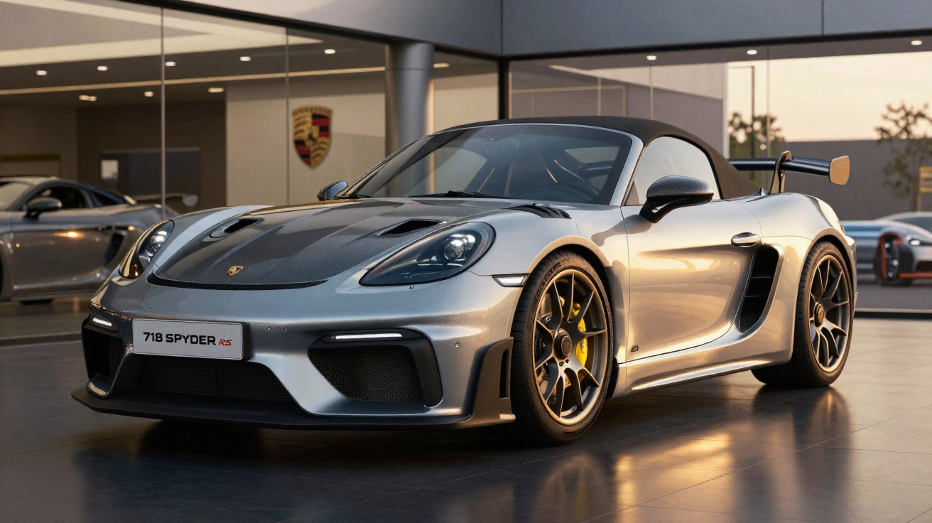 Carro desportivo Porsche 718 Spyder RS prata estacionado em showroom moderno com paredes de vidro.