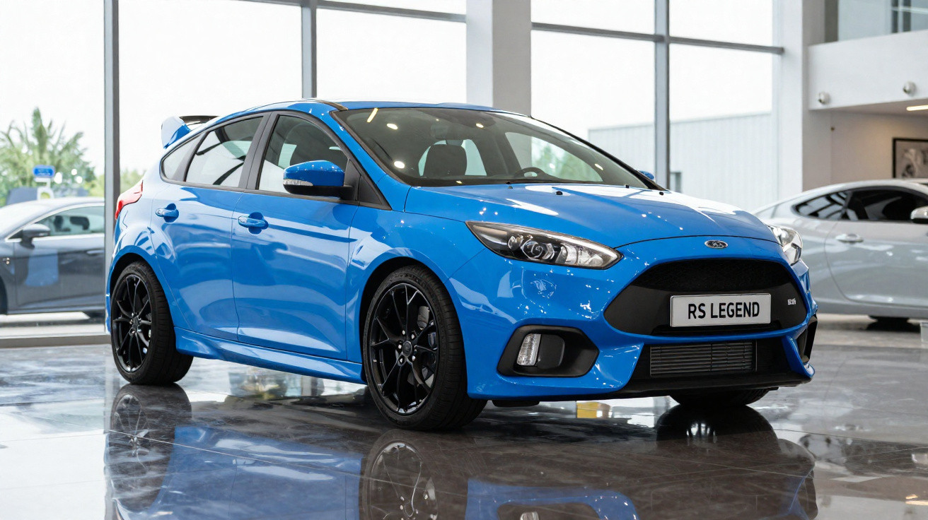 Carro deportivo azul Ford RS Legend exposto numa sala moderna com piso refletor.