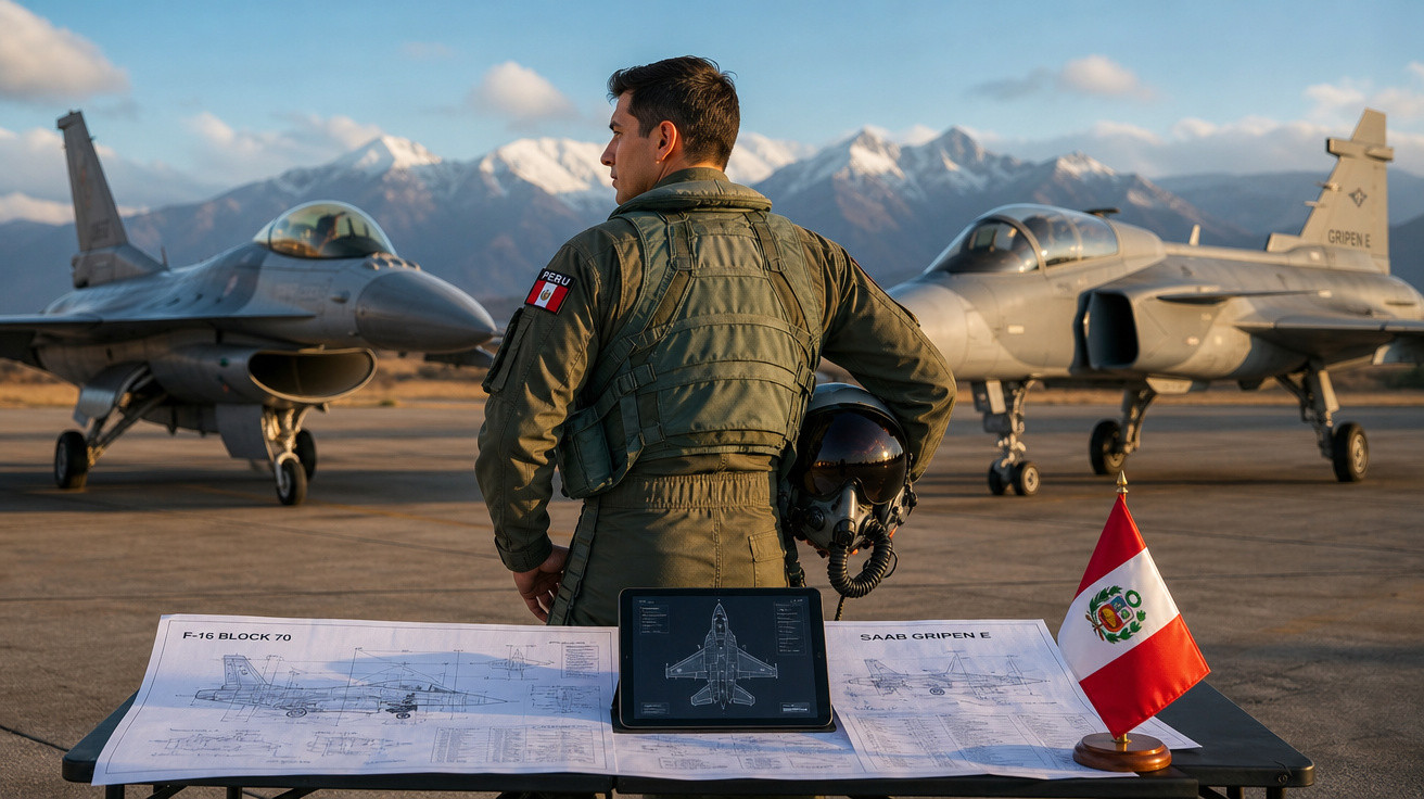 Piloto peruano com fato verde e capacete na mão, de costas, diante de dois caças e planos técnicos numa mesa.