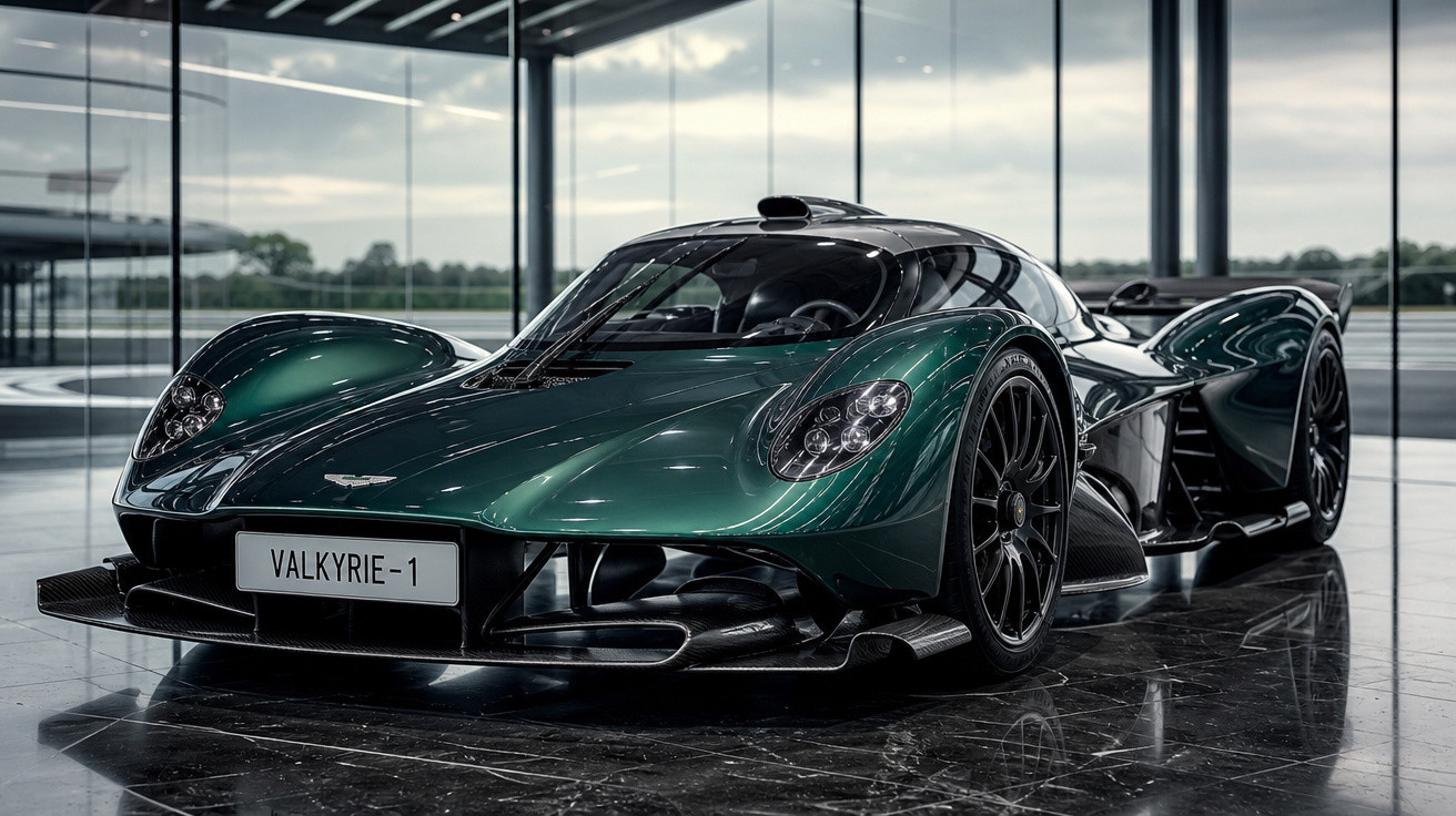 Carro desportivo verde metálico Aston Martin Valkyrie numa sala com grandes janelas e chão espelhado.