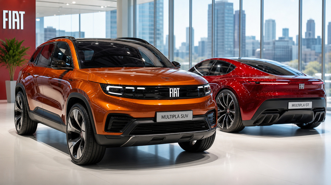 Dois carros Fiat Milúpla, um SUV laranja à frente e um desportivo vermelho ao fundo, em exposição num espaço moderno.