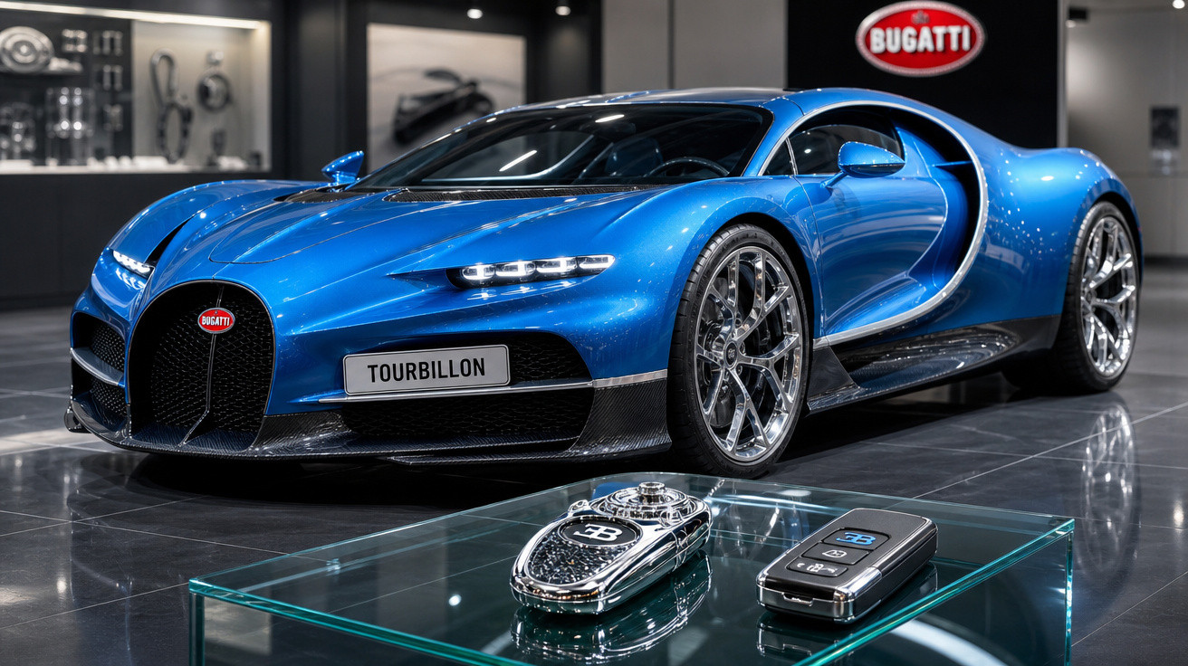 Carro desportivo Bugatti Tourbillon azul em exposição com duas chaves em mesa de vidro à frente.