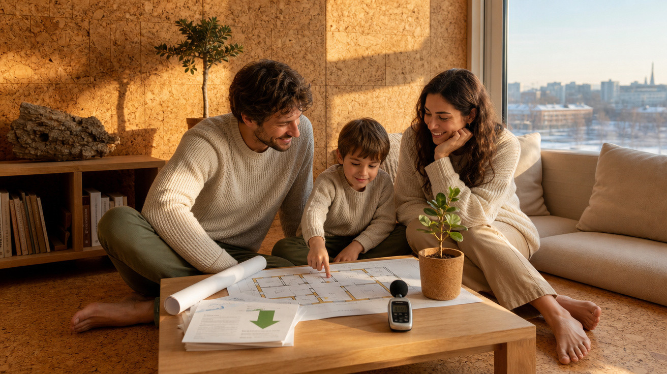 Família sentada no chão a analisar plantas de casa em ambiente acolhedor com muita luz natural.