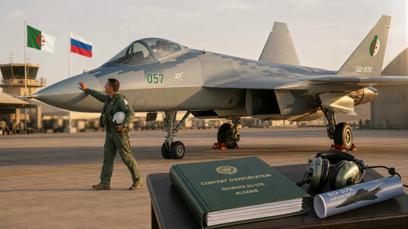 Caça Su-57E da Argélia com piloto e contrato de exportação em aeroporto com bandeiras da Argélia e Rússia ao fundo.