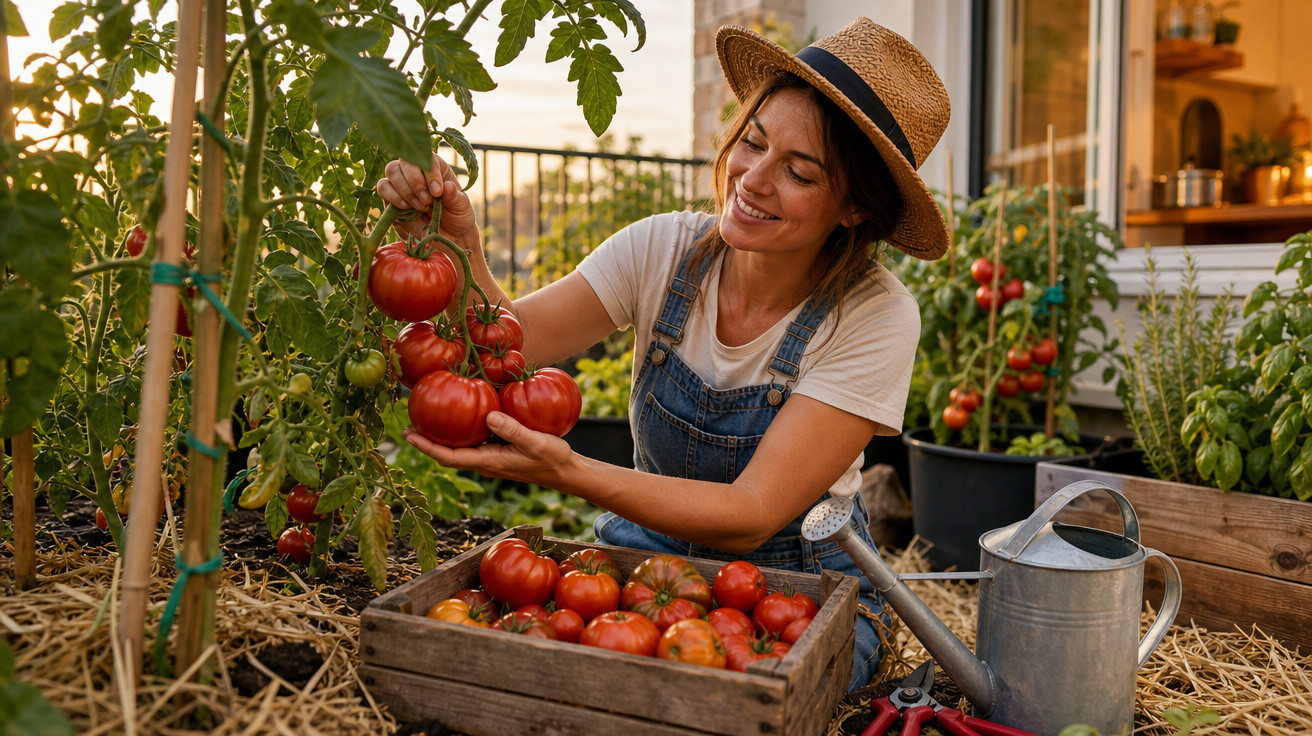 Mulher com chapéu colhe tomates maduros numa horta urbana durante o pôr do sol.